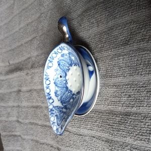 Pair of Blue & amp: White ceramic Tea Bag Coaster caddy with strainer.